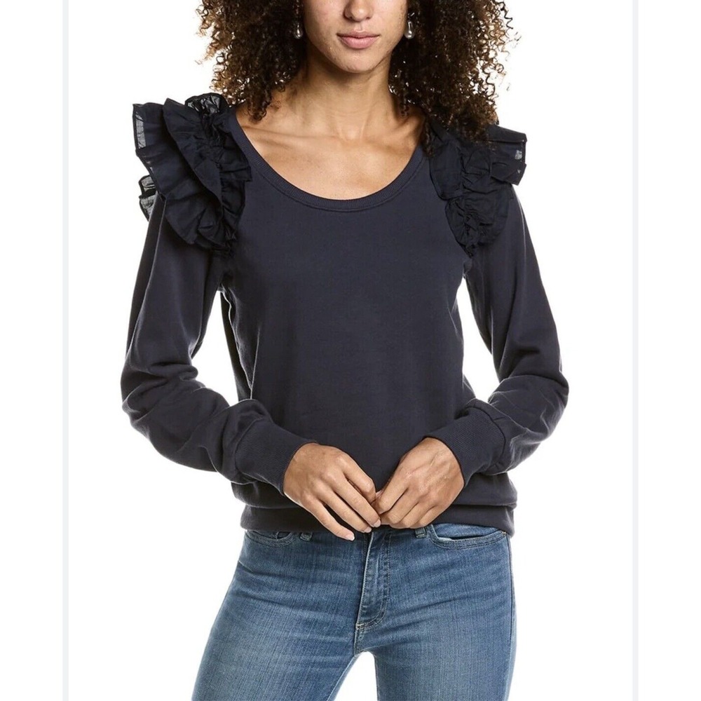 NATION LTD Esther Sweatshirt Ruffle Shoulder Womens XS‎ Navy Feminine French Top - Picture 9 of 14
